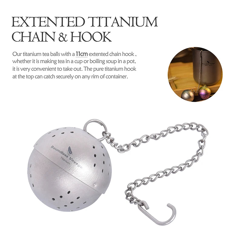 Titanium tea ball with extended chain and hook on a white background