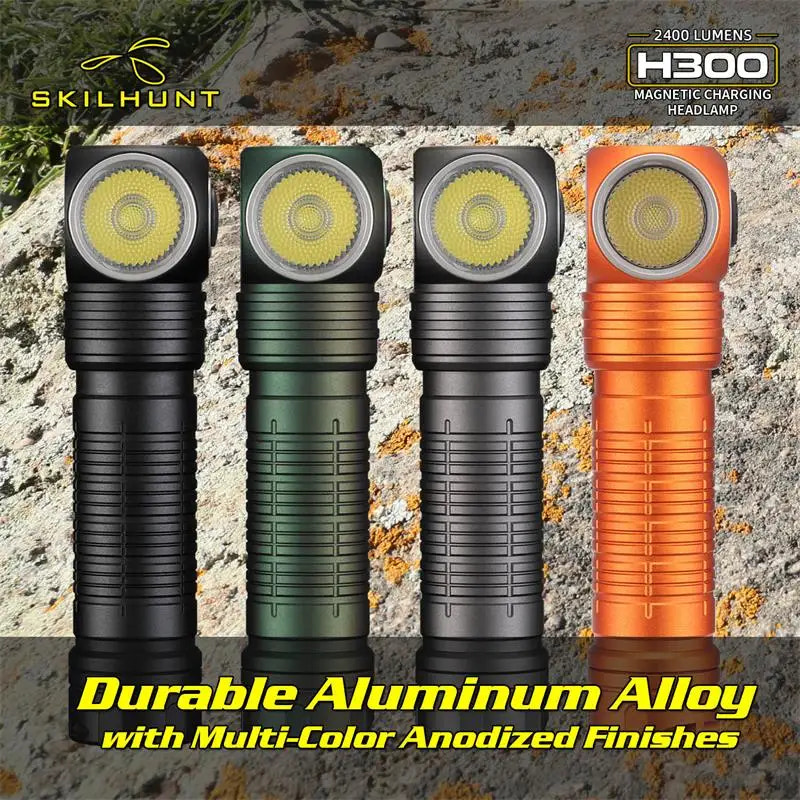 Four headlamps in black, green, gray, and orange on a rocky background with Skilhunt branding.