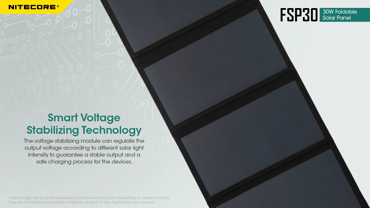 Nitecore FSP30 solar panel with text on smart voltage stabilizing technology on a light gray background