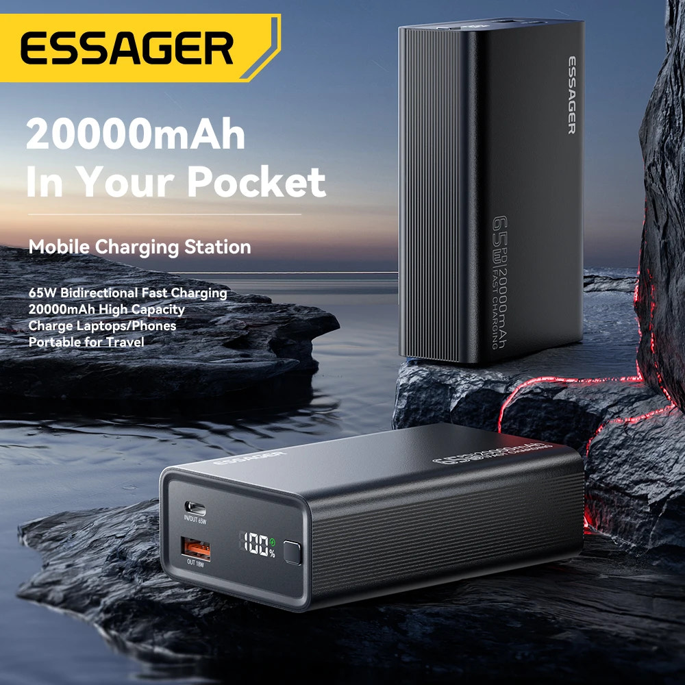essager 20000mAh power bank in a rock pool