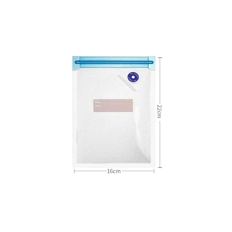 Clear storage bag with blue zipper and measurements on a white background