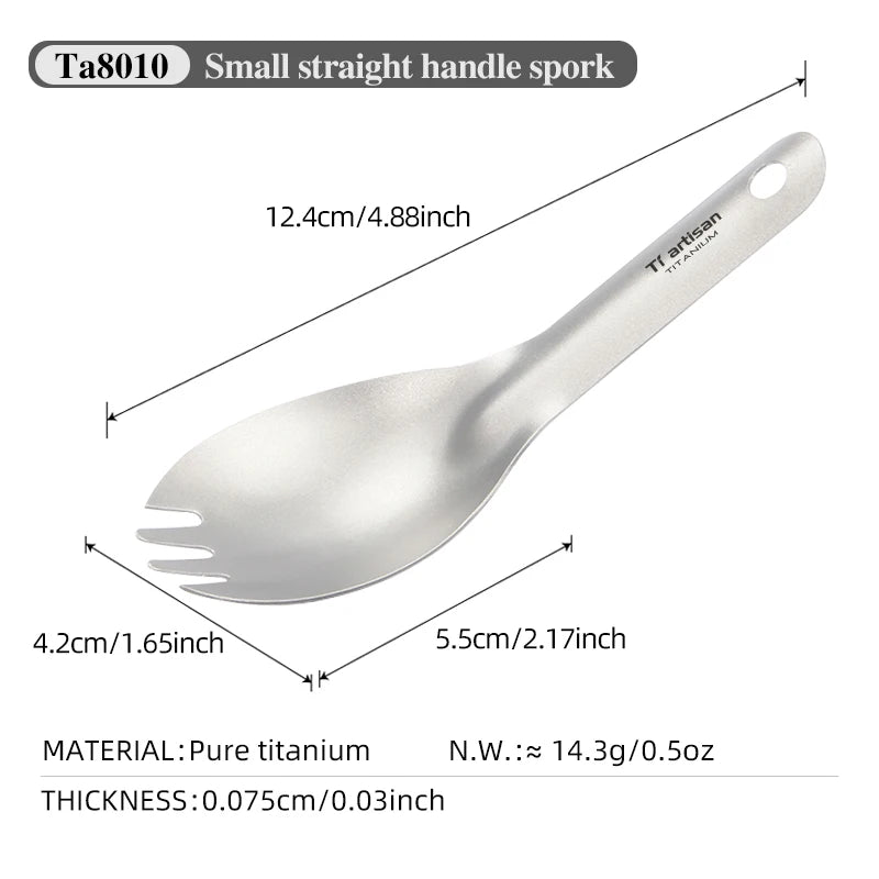 Small straight handle spork with measurements and material details on a white background