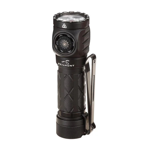 Black flashlight with Skilhunt branding on a white background