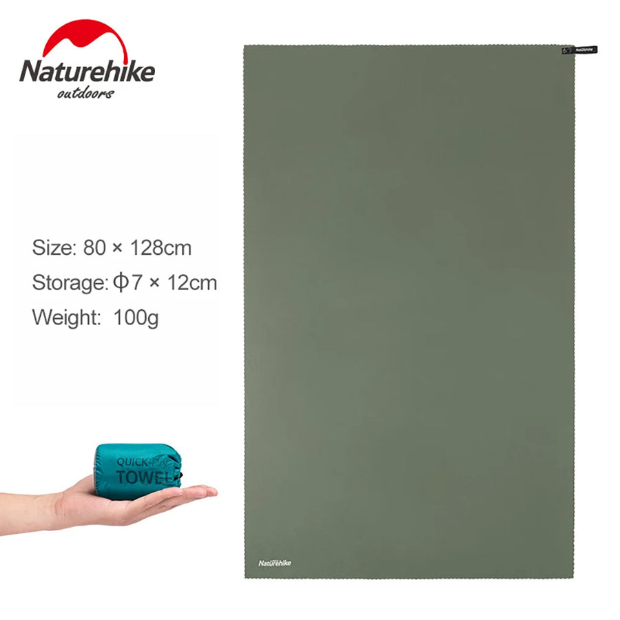 Green towel with Naturehike branding and product details on a white background