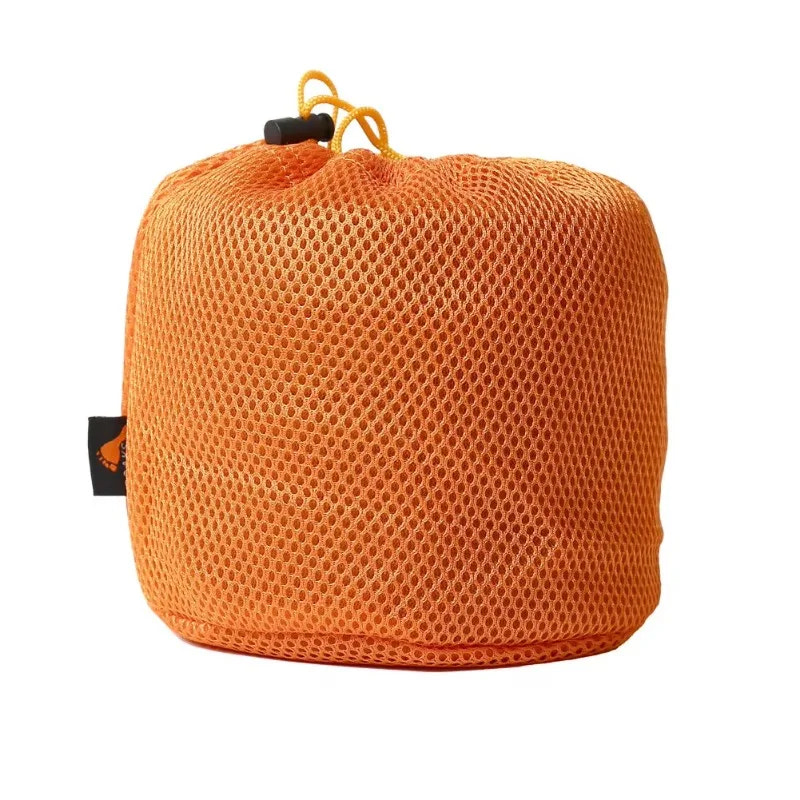 Orange mesh bag with a brand tag on a white background