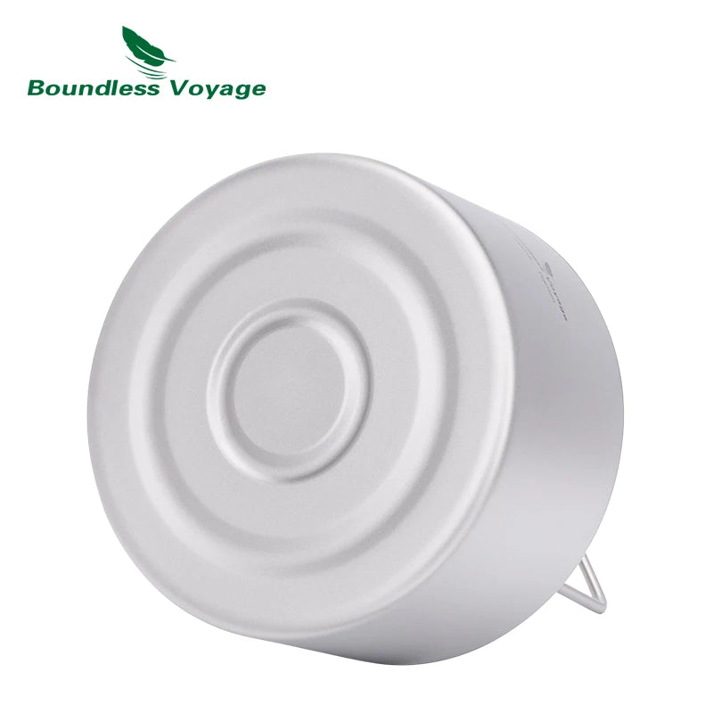 titanium camping pot with 'Boundless Voyage' logo on a white background