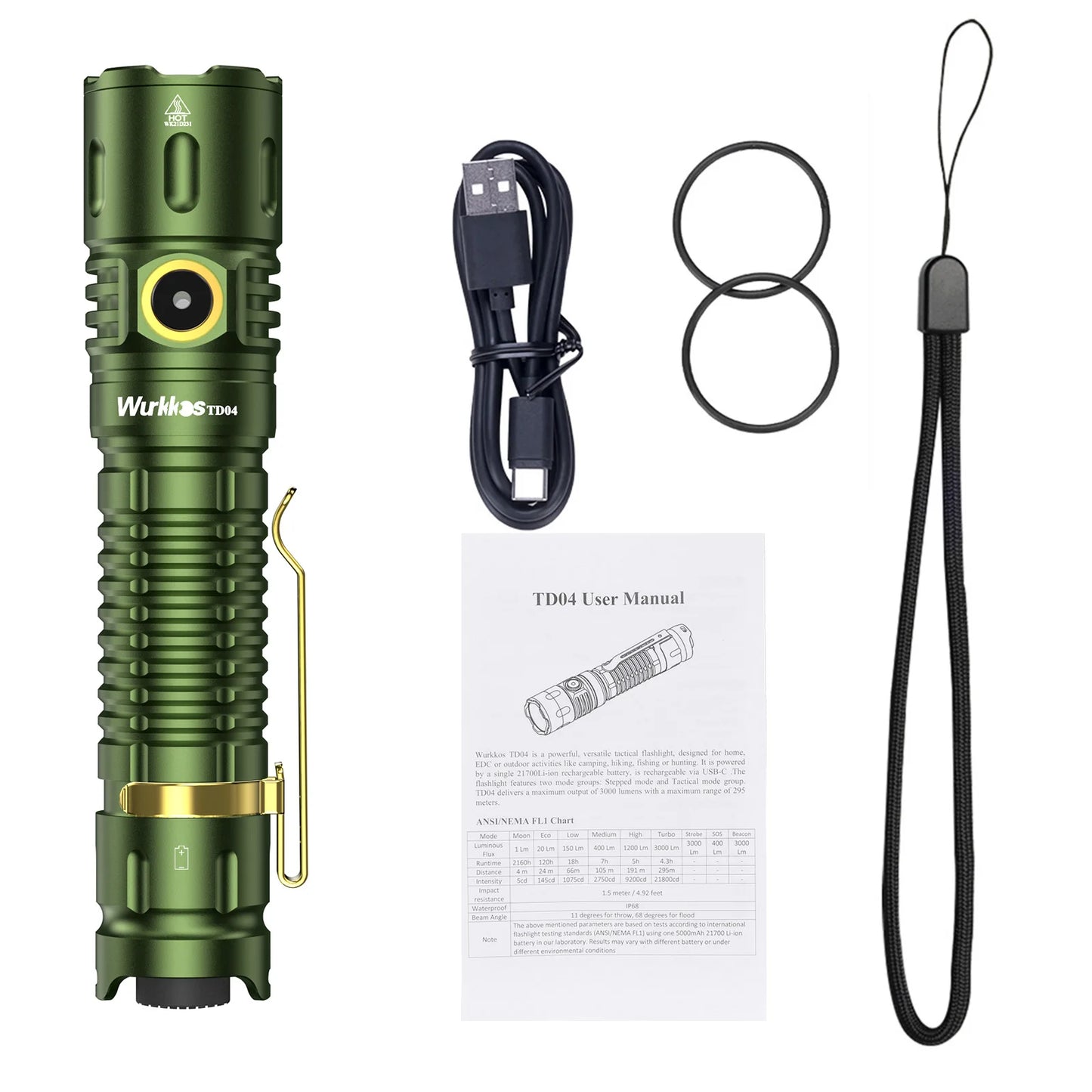 Green flashlight with USB cable, lanyard, and user manual on a white background