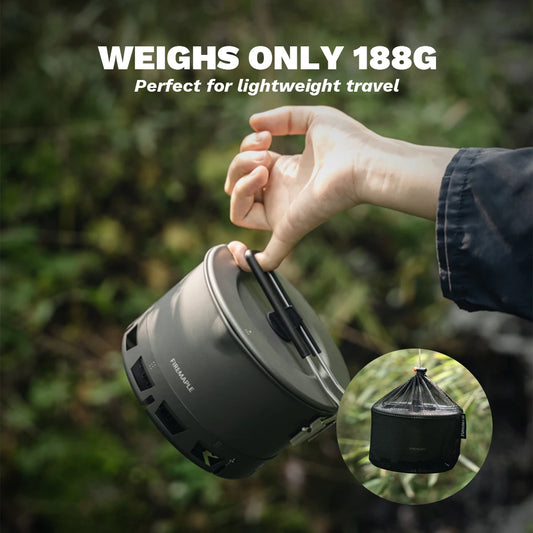 Person holding a lightweight travel pot with text indicating its weight and suitability for travel.