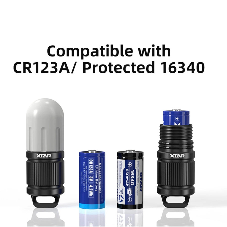 Two flashlights and two batteries on a white background with text indicating compatibility.