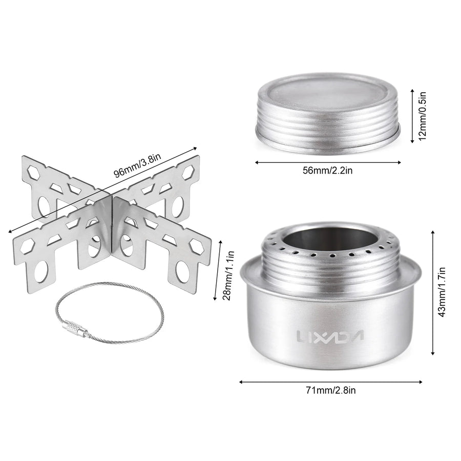 Aluminium camping stove with dimensions and features on a white background