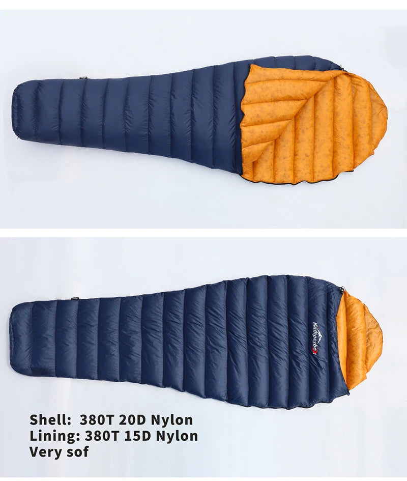 Blue and orange sleeping bag with text detailing material specifications on a white background