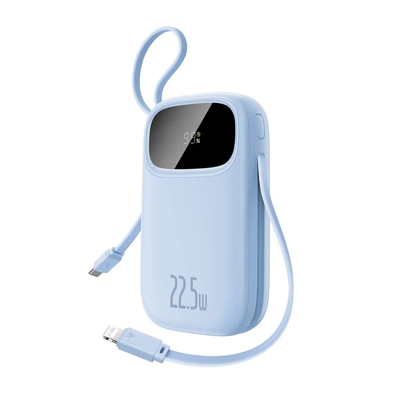 Light blue power bank with cable on a white background