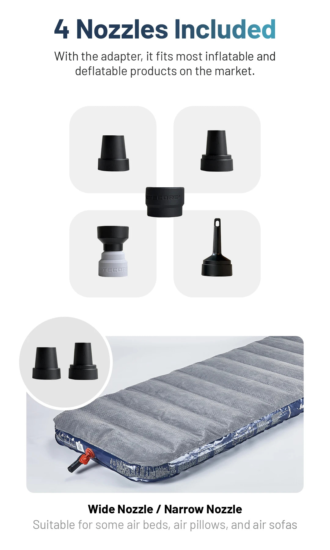 Inflatable mattress with nozzles and adapter on a white background