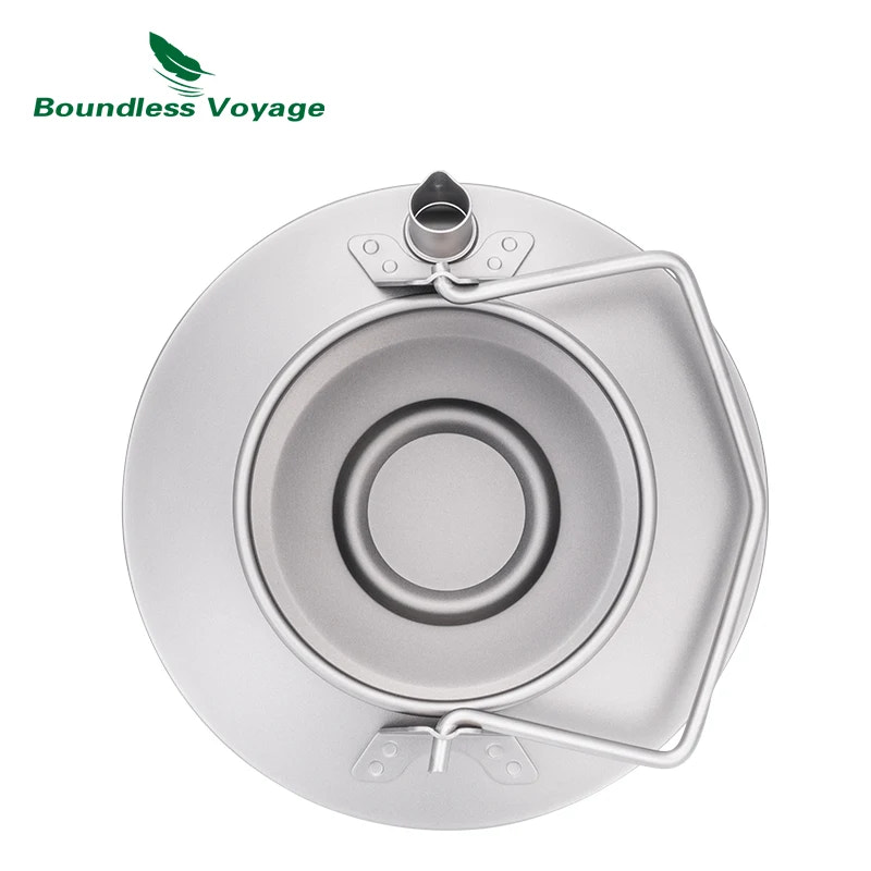 top down view of camping kettle with 'Boundless Voyage' logo on a white background