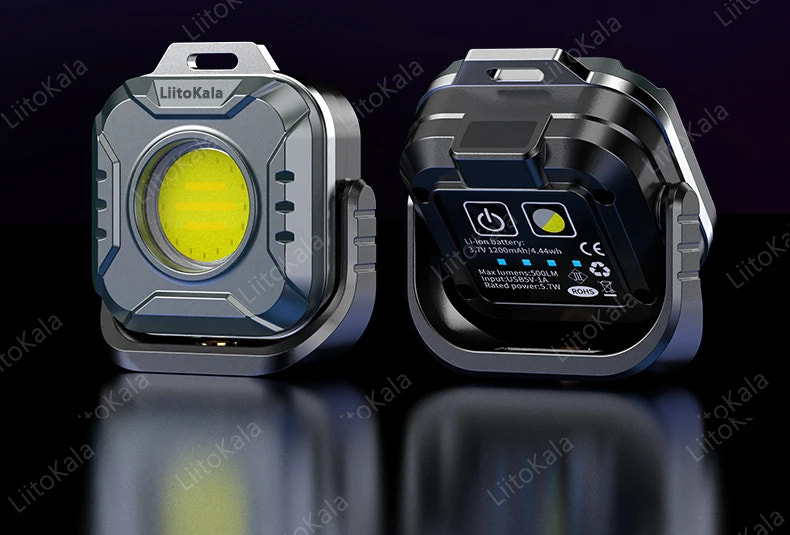 Two views of a LitoKala LED light on a dark background