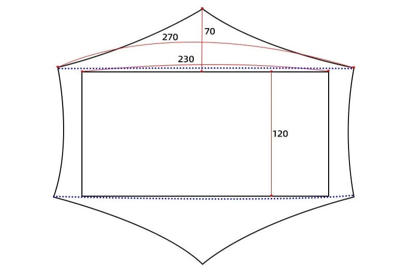 Measurement chart of a tent with dimensions labeled