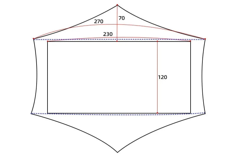 Measurement chart of a tent with dimensions labeled