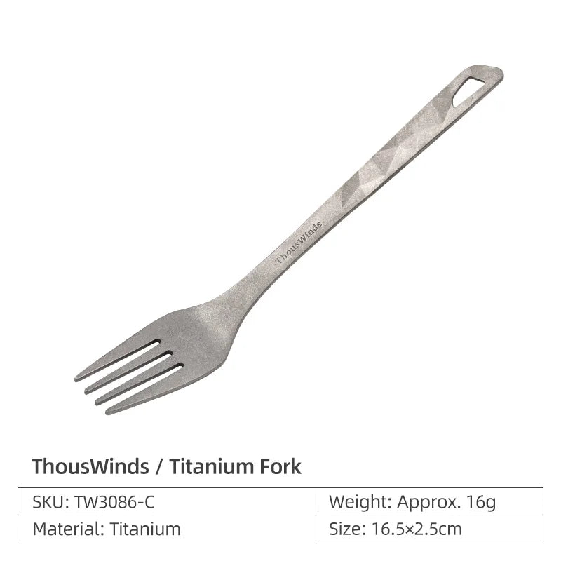 Titanium fork with 'ThousWinds' branding on a white background