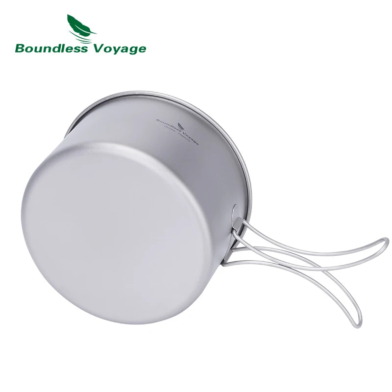 Metal camping pot with handle on a white background, featuring 'Boundless Voyage' brand.