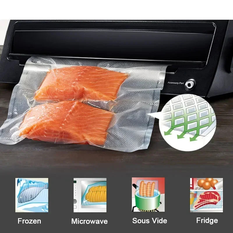 Vacuum sealer with salmon packages and icons for different food storage methods.