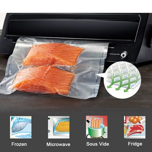 Vacuum sealer with salmon packages and icons for different food storage methods.