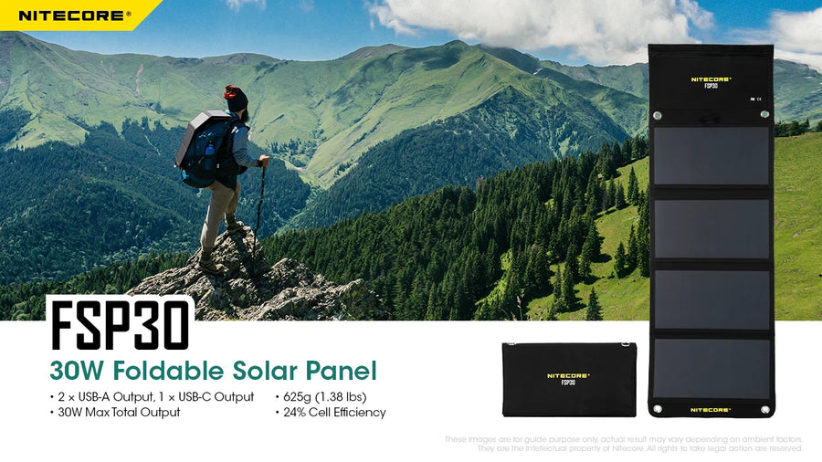 Nitecore FSP30 30W foldable solar panel with a person on a mountain in the background