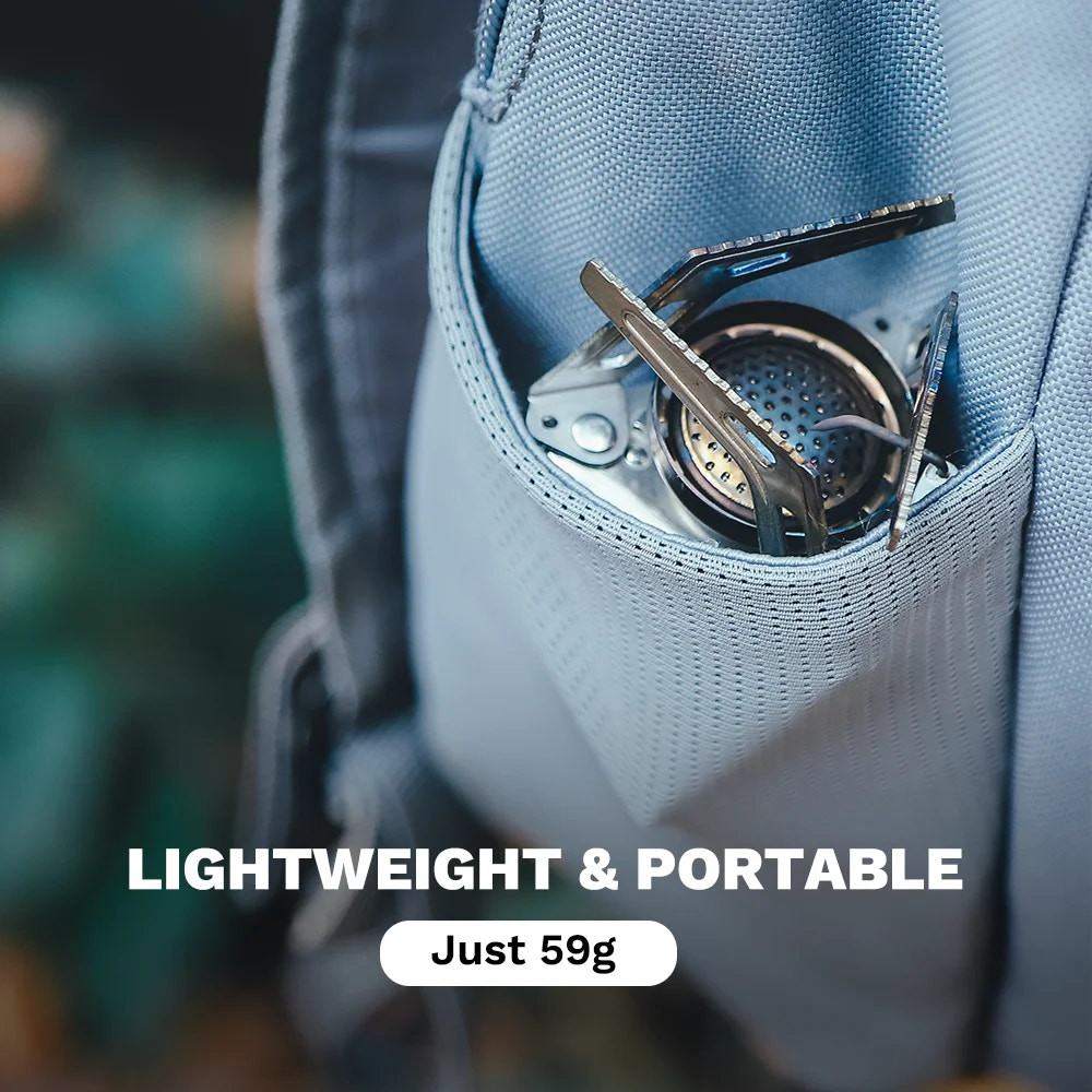 Portable stove in a backpack pocket with text 'Lightweight & Portable Just 59g'.