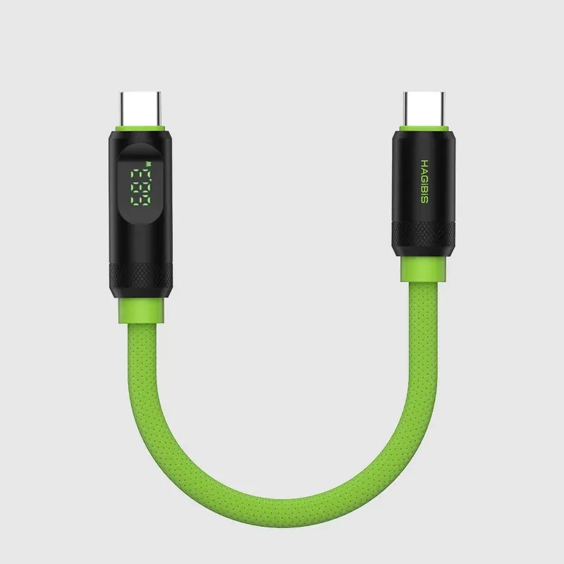 Green braided cable with digital display on a gray background