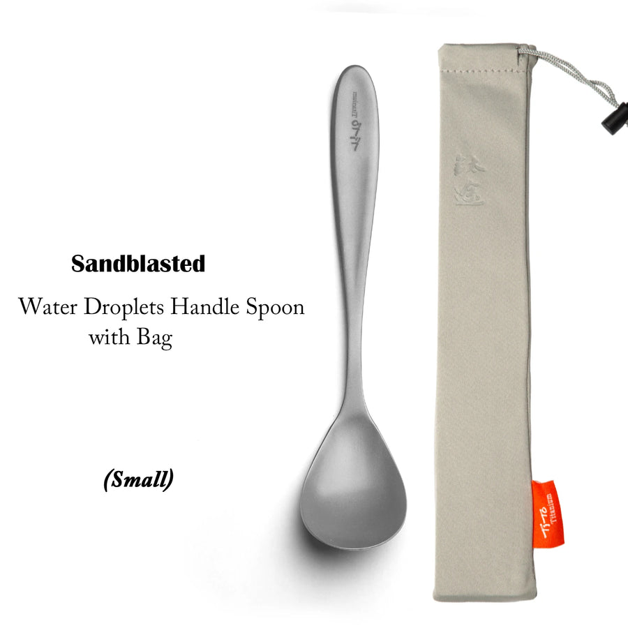 Sandblasted Water Droplets Handle Spoon with a carrying bag on a white background