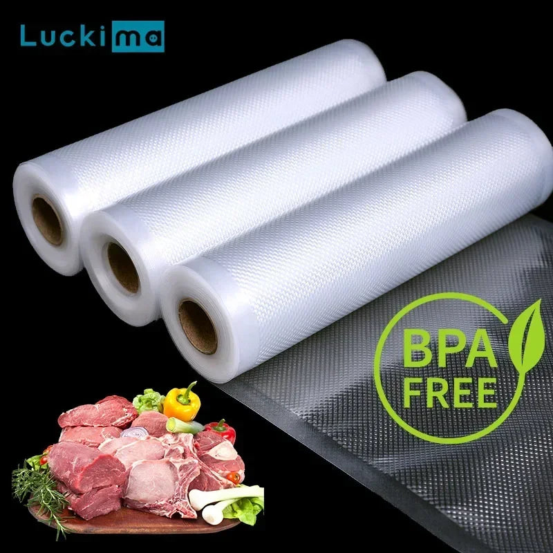 Three rolls of vacuum seal bag with Luckima branding, food items, and BPA-free label on a black background.