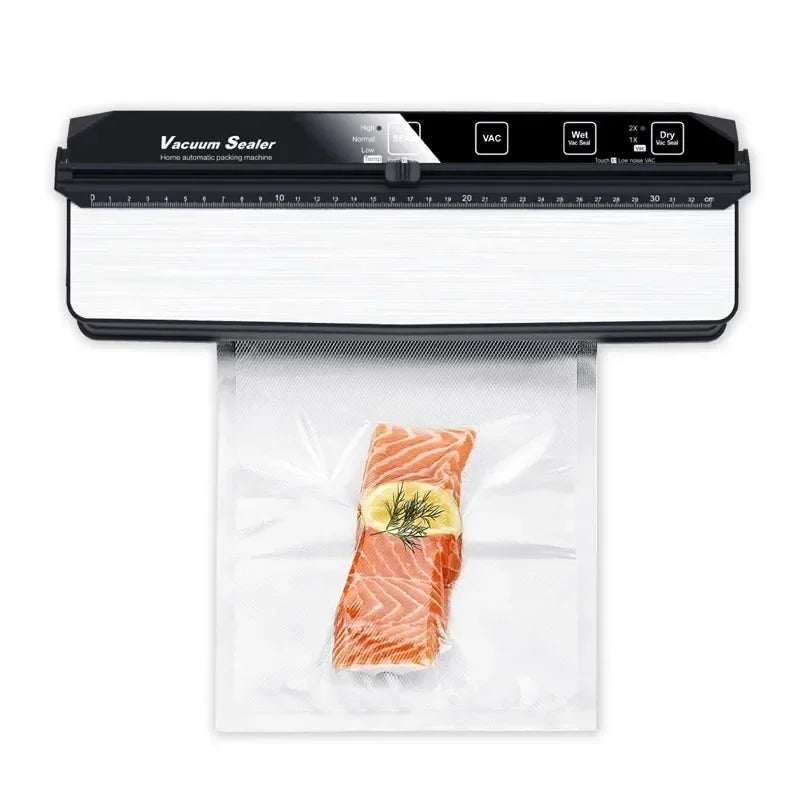 Vacuum sealer with a piece of salmon being vacuum-sealed on a white background