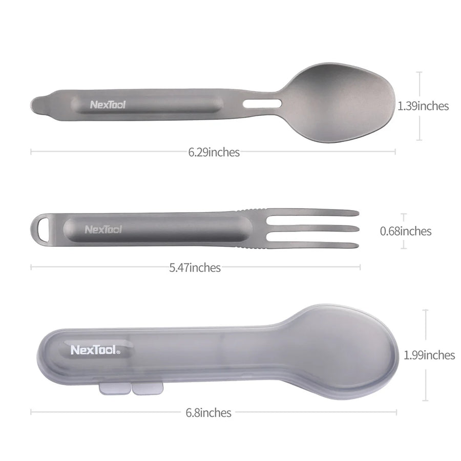 Measurement chart of a gray utensil set with 'Nextool' branding on a white background