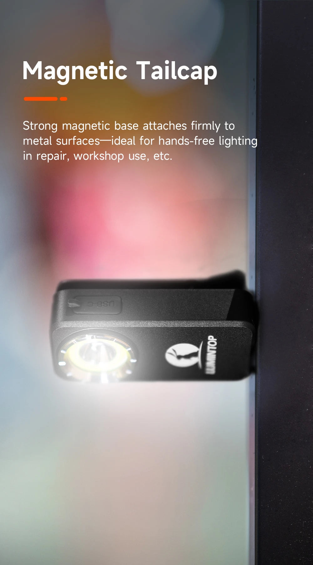 Magnetic tailcap light with text on a blurred background