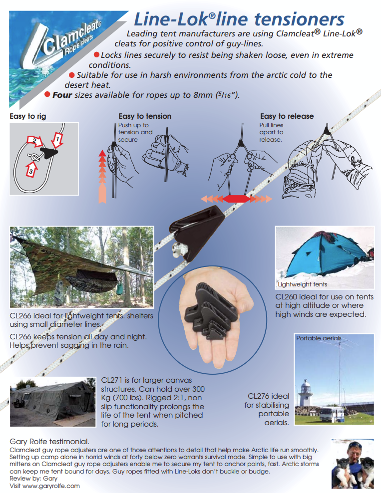 Clamcleat Line-Lok line tensioners product description sheet with illustrations and text.