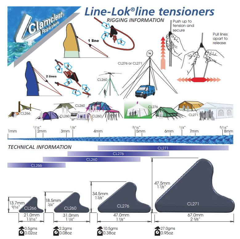 Clamcleat Line-Lok line tensioners product information sheet with illustrations and technical details.