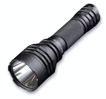 Black flashlight with visible brand name on a white background