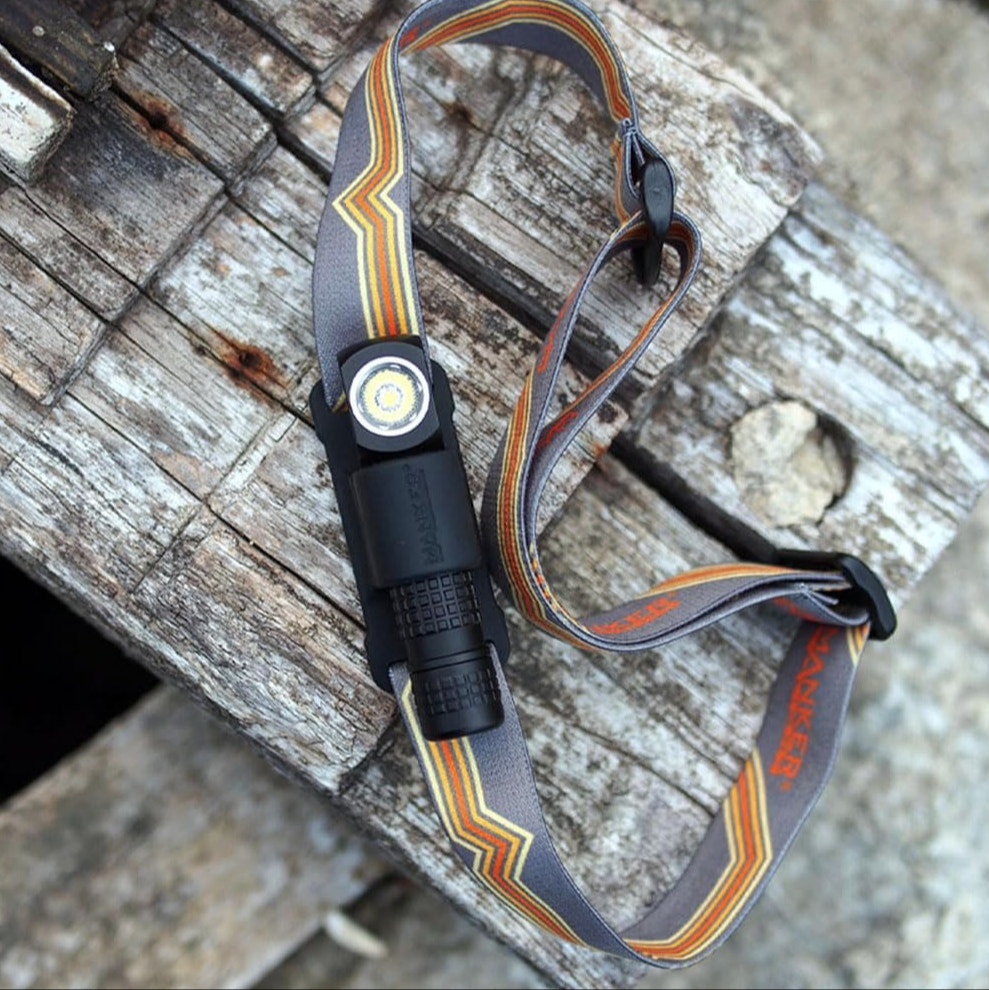 Headlamp with a strap on a textured surface