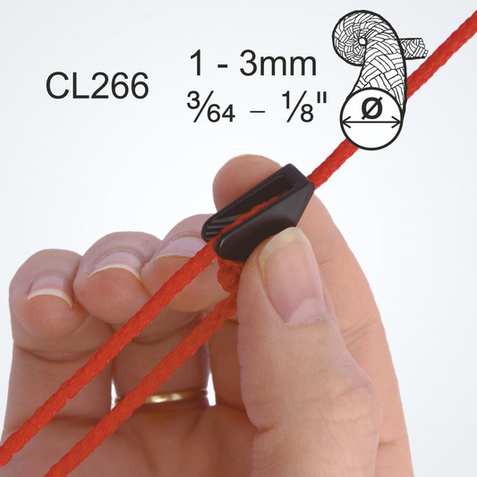 Hand holding red string with black clip, showing measurement details on a white background