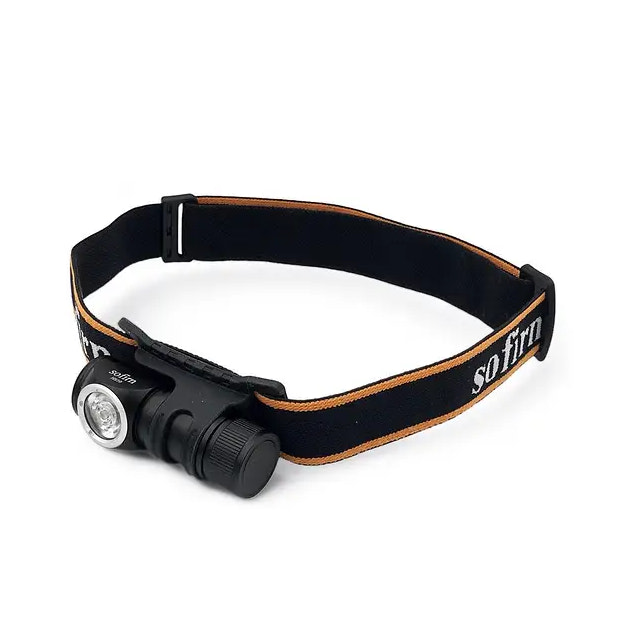 Black headlamp with brown strap on a white background