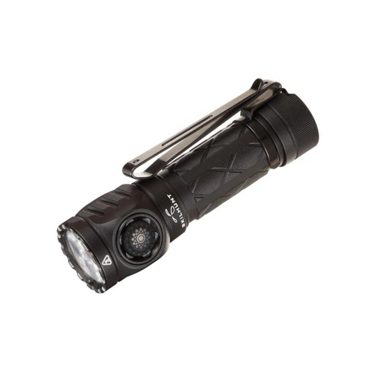 Black flashlight with a clip on a white background