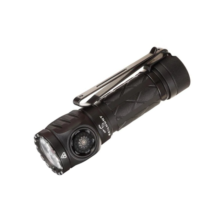 Black flashlight with a clip on a white background