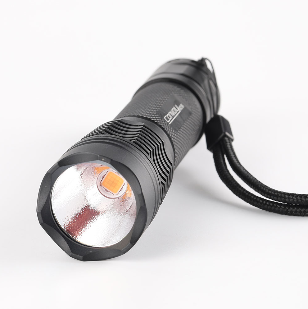 Black flashlight with visible brand logo on a white background