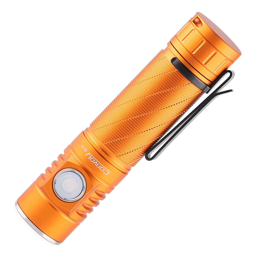 Orange flashlight with a black strap on a white background