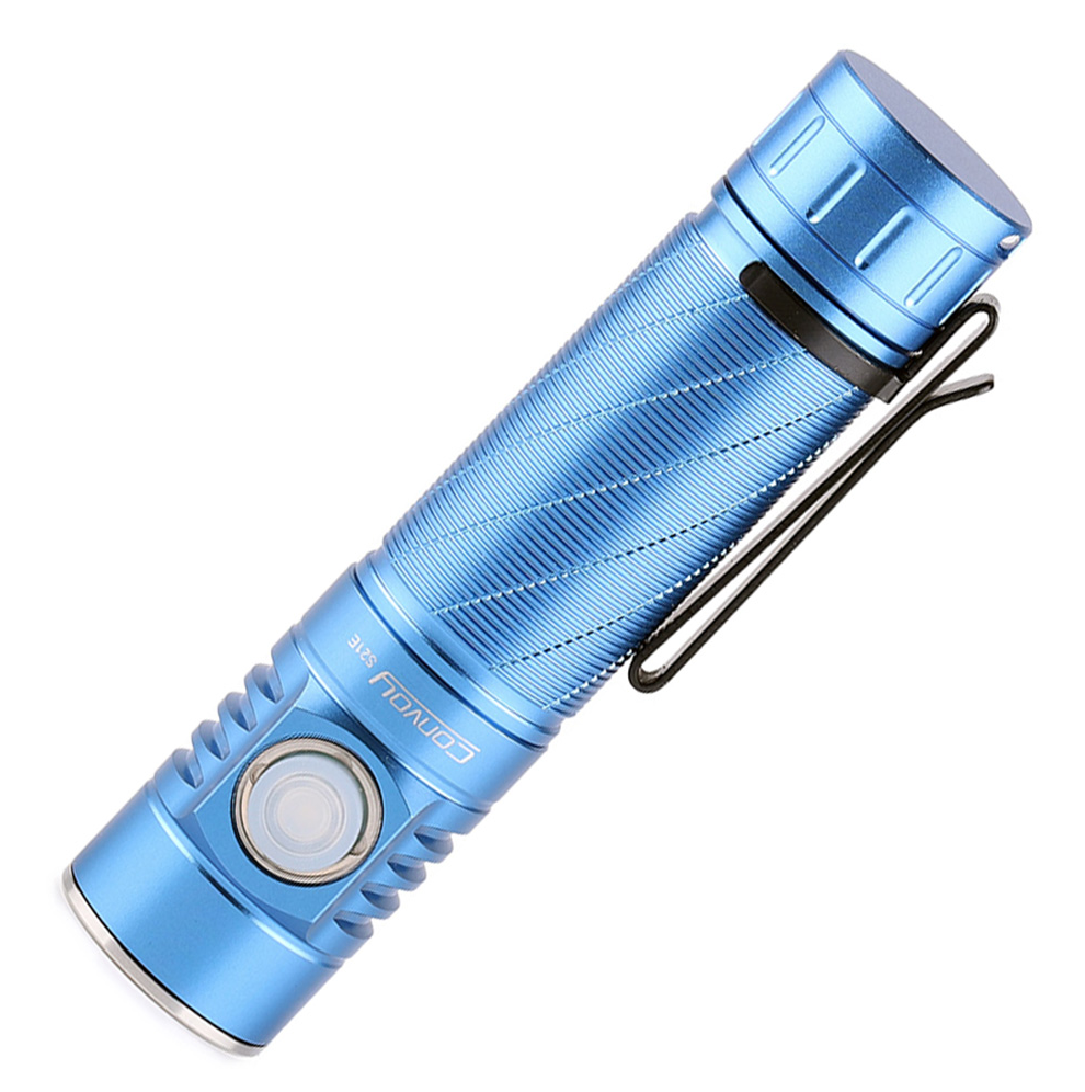 Blue flashlight with a black clip on a white background