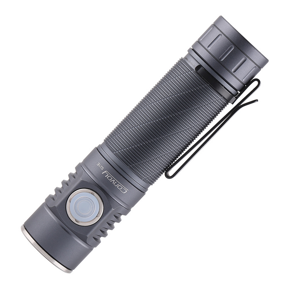 Gray flashlight with brand logo on a white background