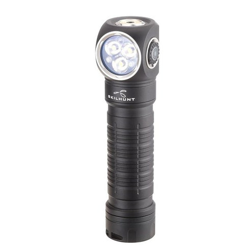 Black flashlight with Skilhunt branding on a white background