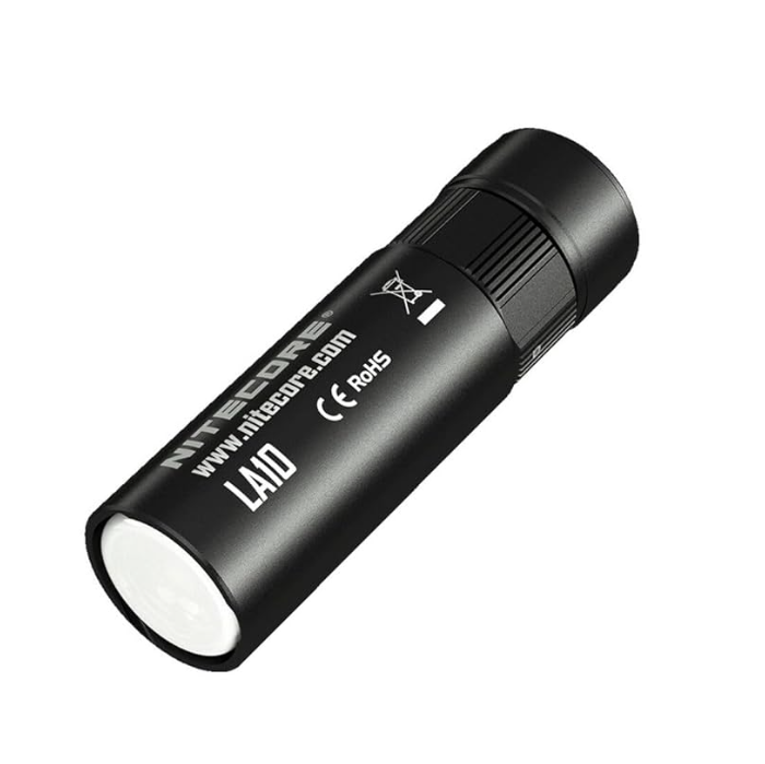 Black flashlight with visible branding on a white background