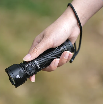 Hand holding a black flashlight with a blurred natural background