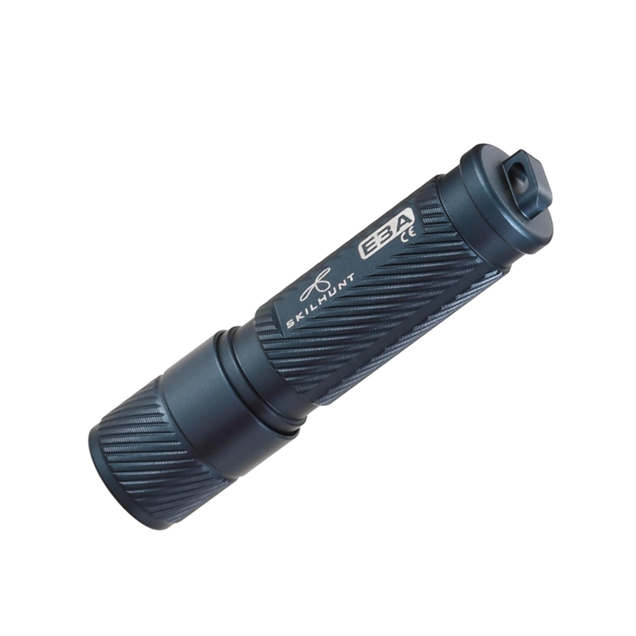 Black flashlight with visible branding on a white background