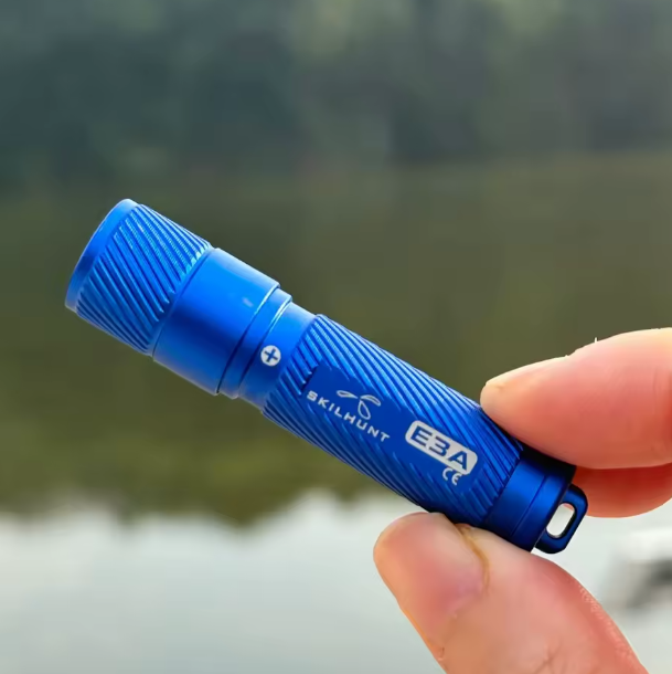 Blue flashlight held by a hand with a blurred natural background